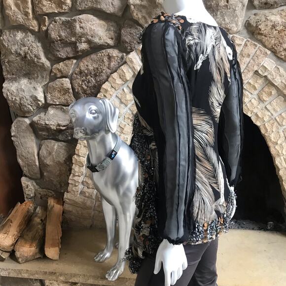 Diane von Furstenberg Silk Feather Long Sleeve Black Shirt Women's Size Medium - Picture 3 of 8